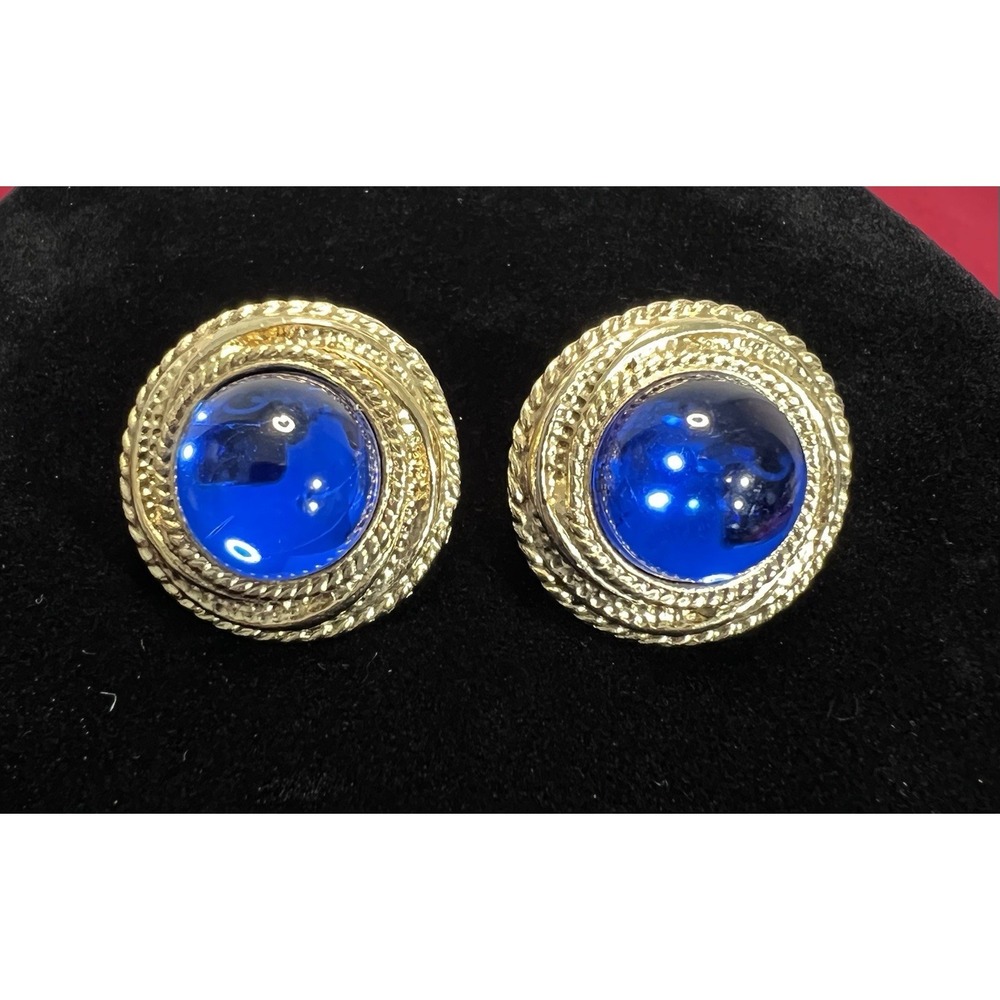 Vintage Blue Cabochon Oversized Chunky Textured Gold Tone Clip On Earrings 80s